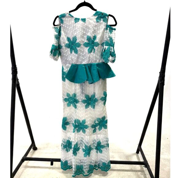 Source Unknown Dresses & Skirts - Vintage 60s teal & white occasion midi w/ shoulder cut out, peplum, jeweled
